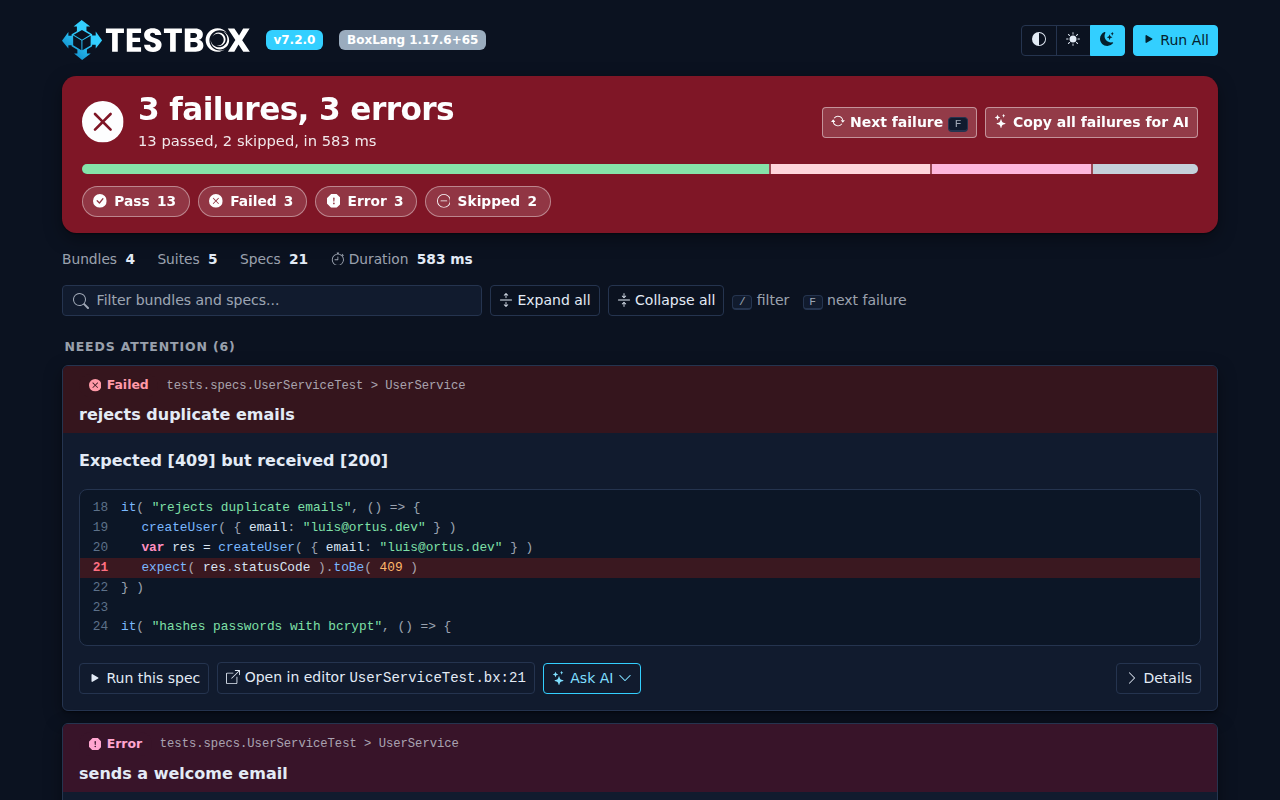 The Simple reporter in dark mode