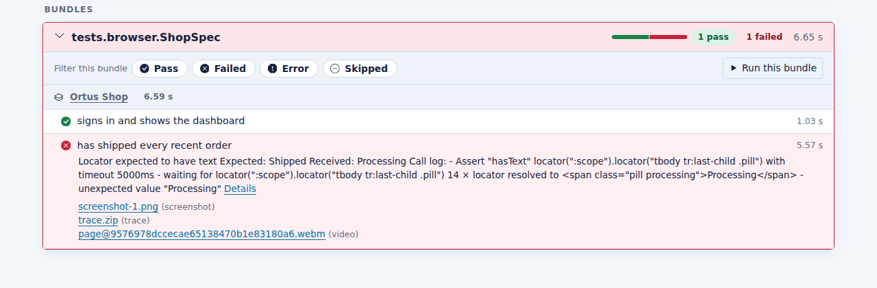 A failing browser spec in the HTML report with its screenshot, trace and video attached